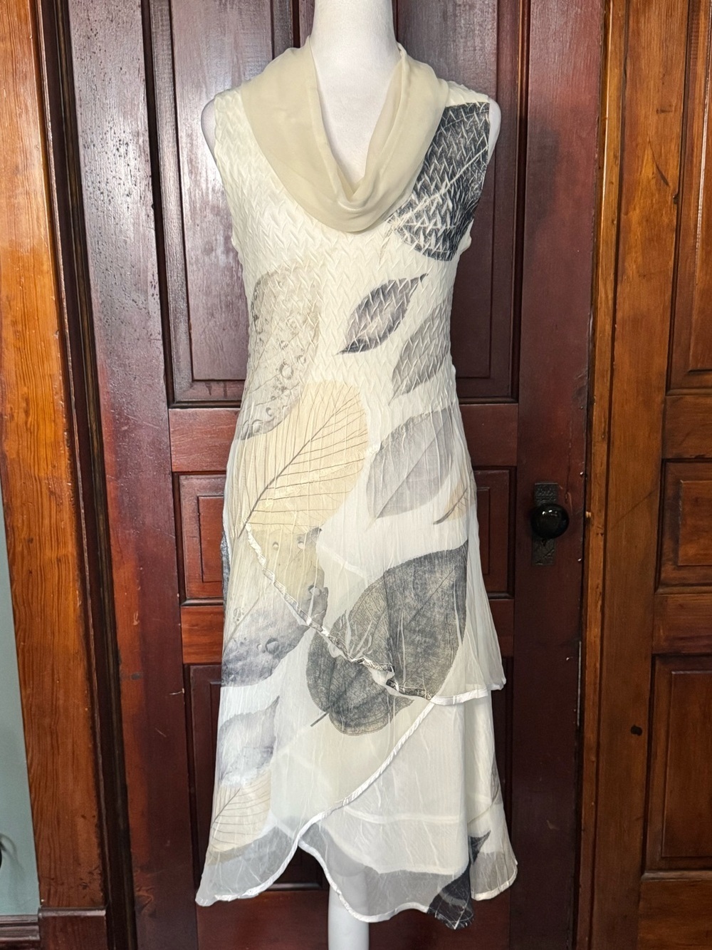 Komarov Layered Leaf Print Dress Size Large Art to Wear Maximalist Textured